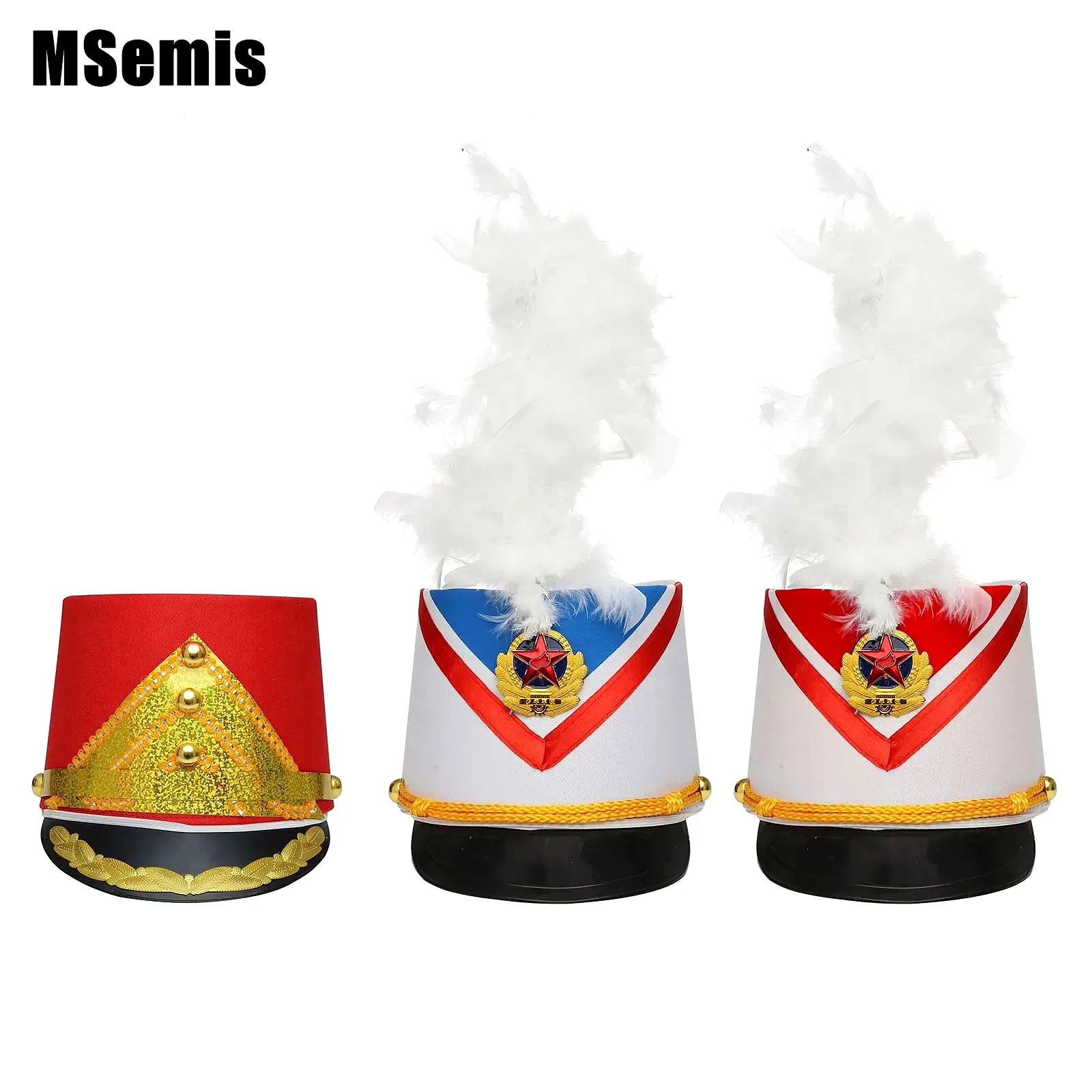

Orchestra Commander Feather Hat Halloween Cosplay Gold Braid Metal Badge Band Drummer Cap for Stage Performance