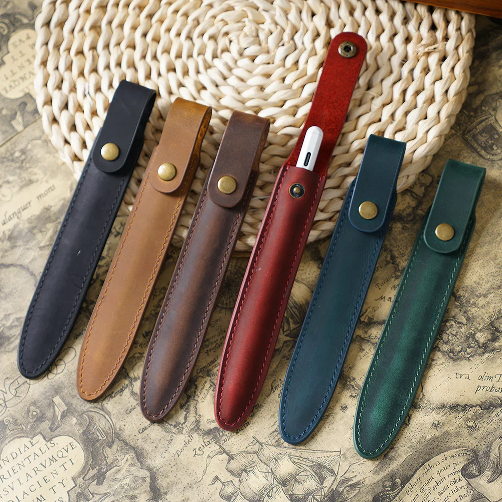 

Leather Pencil Bag With Button Pen Cover Fall-Poof Retro Durable Stationery Box