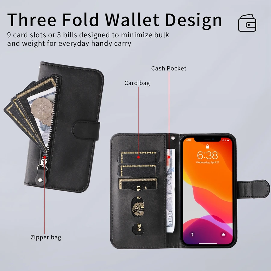 Premium Wallet Stand Zipper Magnetic Flip Case - Artificial Cowhide Design