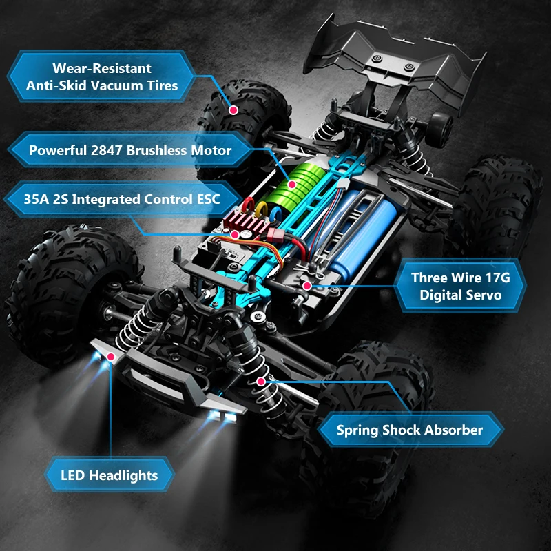 1:16 70 KM/H 고속 RC 자동차 LED 2.4G 브러시리스 4WD 원격 제어 자동차 오프로드 4x4 소년을위한 장난감 16102PRO 16101PRO