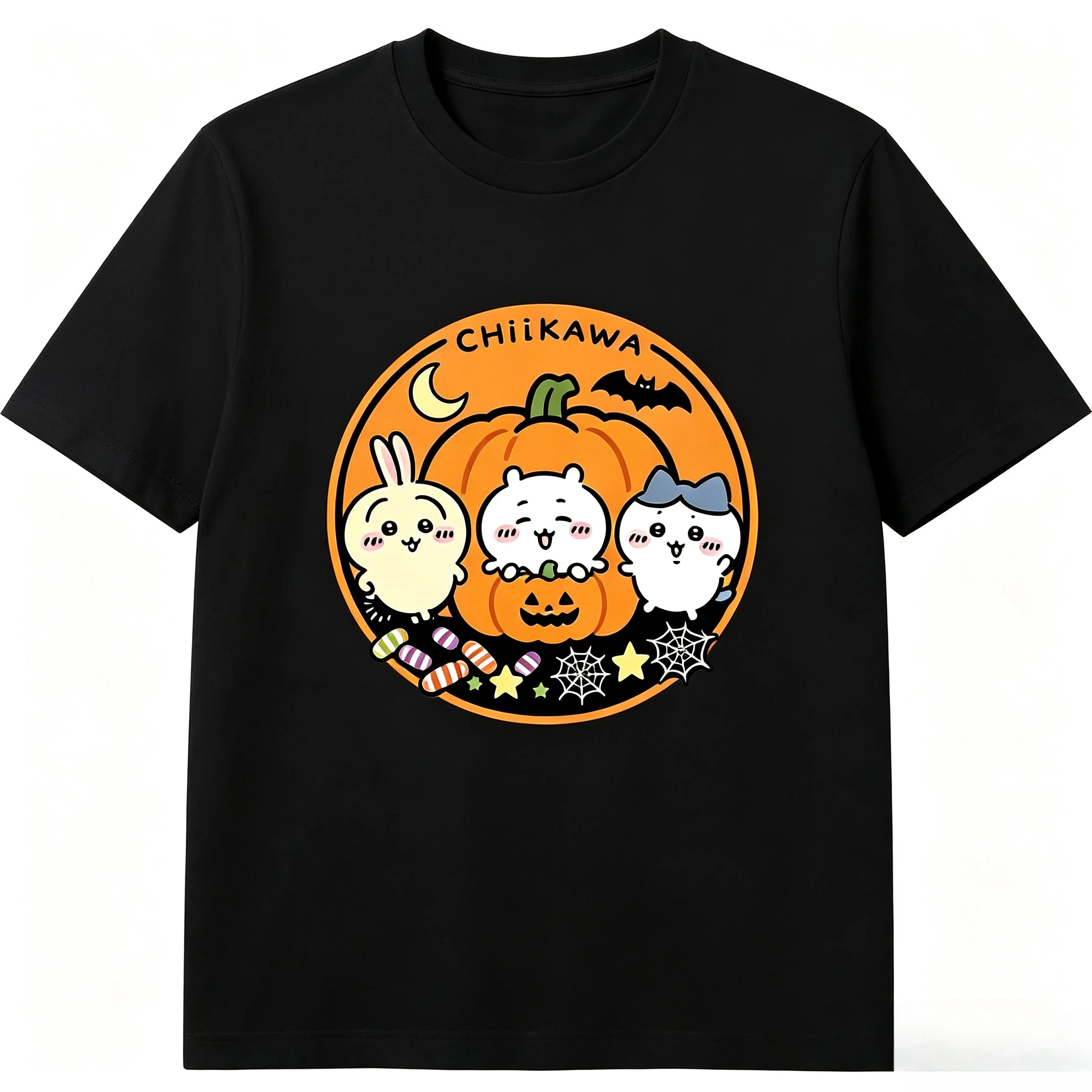 Chiikawa Halloween Kürbis-Hexe Grafik T-Shirt Kurzarm Freizeit-Oberteil für die gruselige Jahreszeit Anime-Fan Feiertagsparty Alltagskleidung