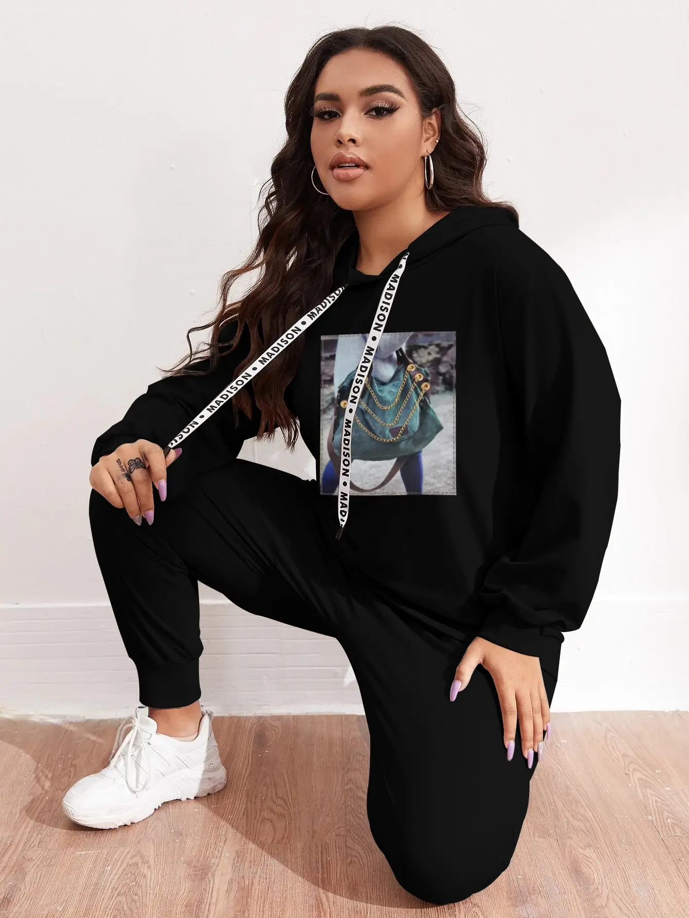 Finjani Letter Drawstring Graphic Raglan Sleeve Hoodie & Sweatpants Plus Size Women Clothing