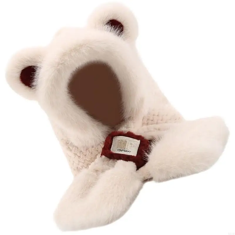 Faux Kaninchenfelle Kapuzenschal Mütze mit Bärenohr Damen Wintermütze mit Nackenwärmer für Outdoor-Abenteuer Freizeitkleidung – Detail 10