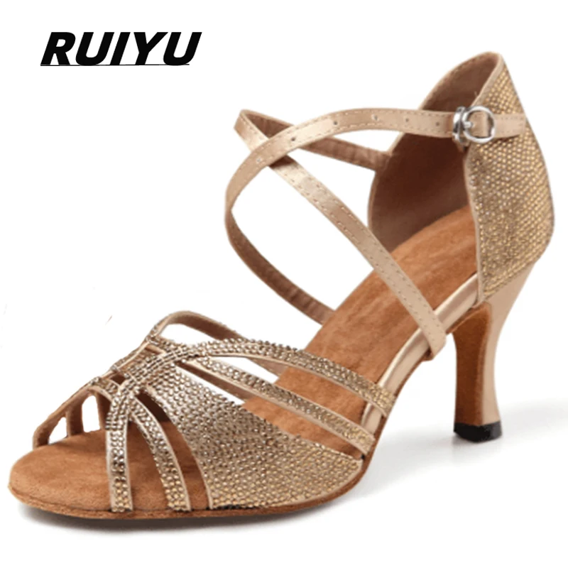 RUIYU Latin Dance Shoes Ladies High Heel Sandals Salsa Tango Ballroom Party Dancing Shoes Satin Rhinestone Black Gold Dance Shoe