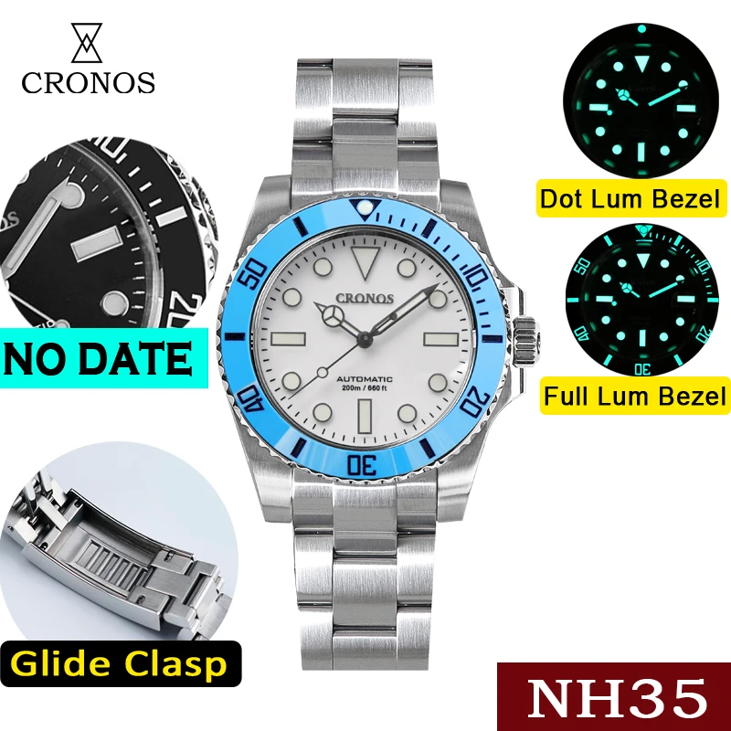 

Cronos Diver Men's watches Panda Black & White Date NH35 Ceramic Rotating Bezel 200 meters Water Resistant GlideClasp Man Watch