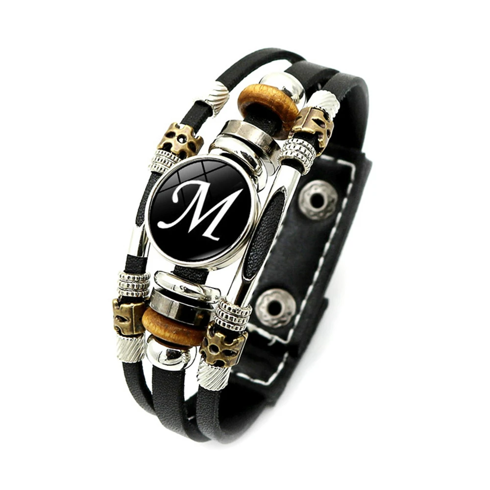 Leather Bracelet Vintage Punk Men Letter Leather Bracelet Handmade Braided Multilayer Adjustable 26 Initials ID Name Friendship