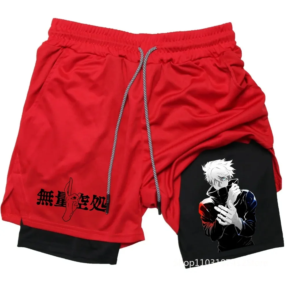 Men Anime Double Layer Shorts Gym Workout Printed Sports Multi-Performance Training Quick-Drying Jogging Pants Towel Pants M-3XL 4