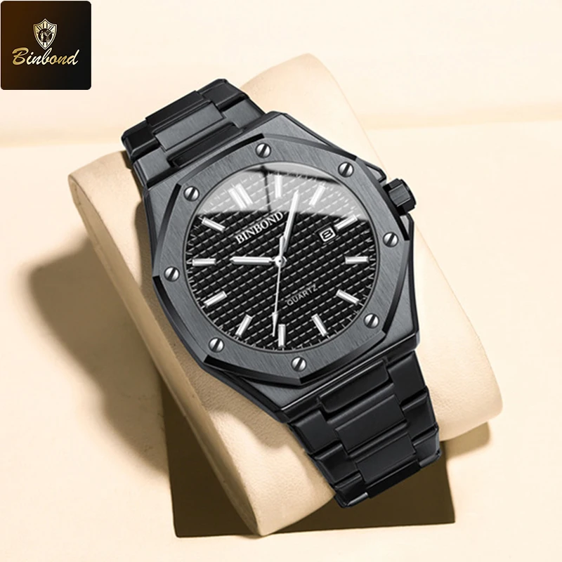 BINBOND Silver Stainless Steel Men's Quartz Watch with Luminous Display and Calendar