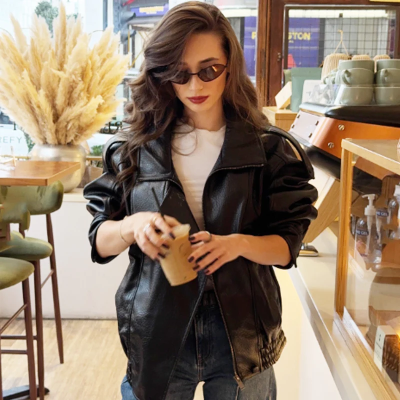 HXAO New Arrival Women's Bomber Jacket Leather Black
