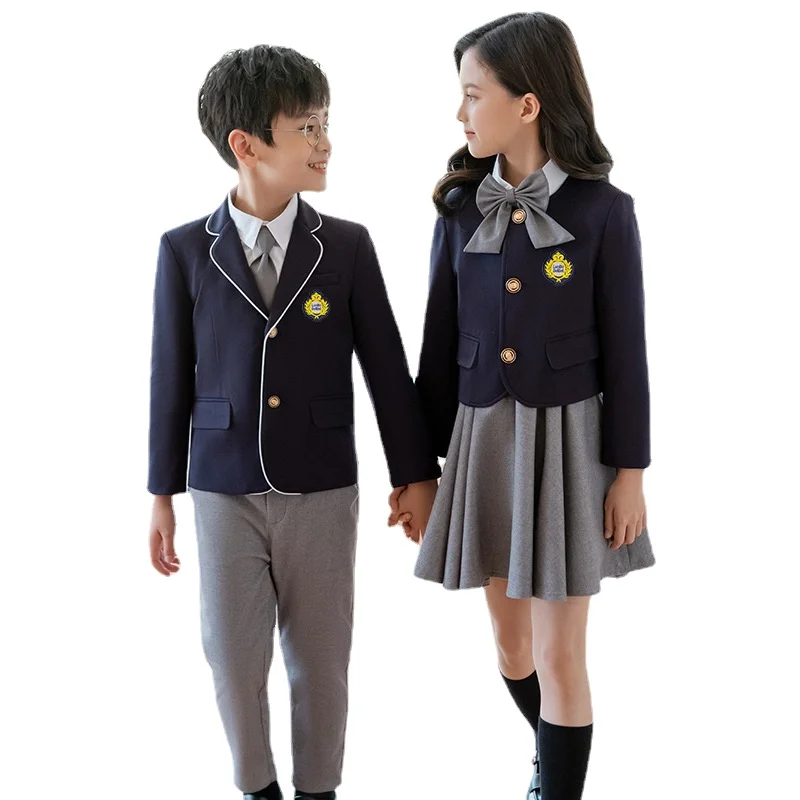 

Girls Boys Black Blazer Socks Gary Pant Dress White Shirt Chest Mark Tie Bow Children Kid Korea British Japanese School Uniform