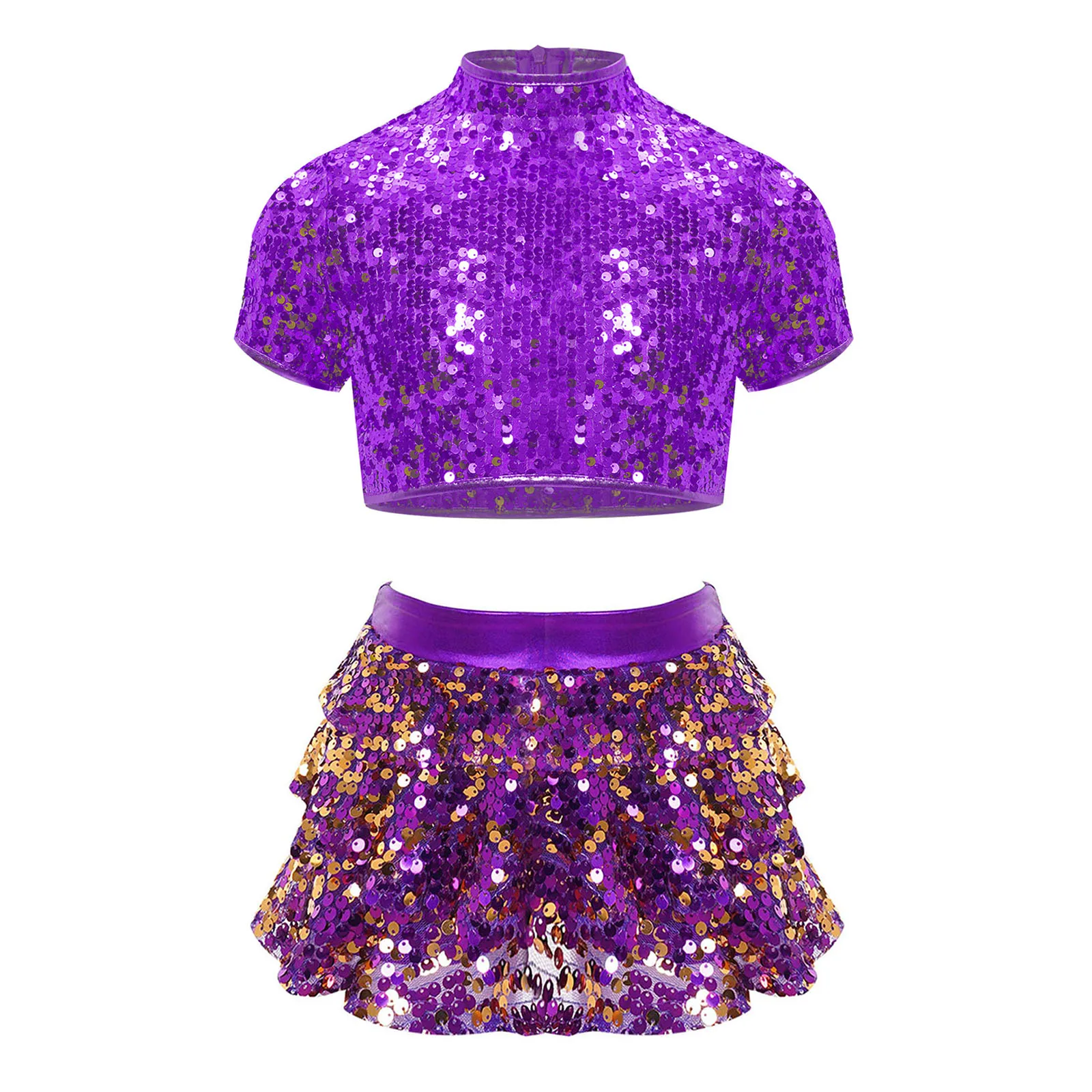 thumbnail image 1 of Niños Niñas porristas Jazz Ballet danza disfraz Top corto de lentejuelas con volantes escalonados falda pantalones cortos Culottes, 1 of 5