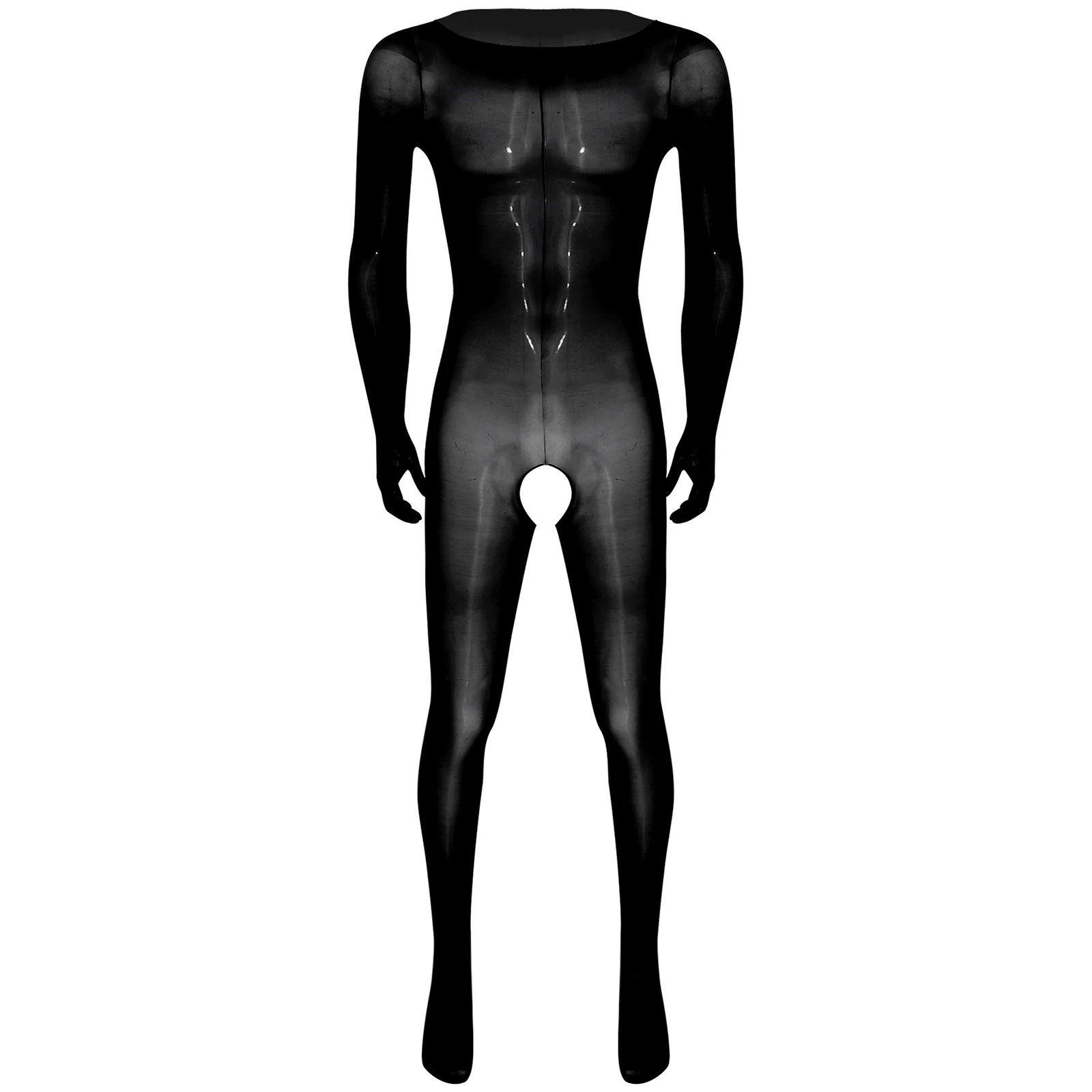 Mens Glossy See-through Full-body Bodysuit Underwear Solid Color Long Sleeve Crotchless Bodystockings Jumpsuit Unitard Nightwear