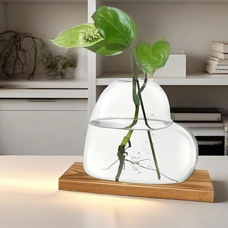 Nordic Style Glass Vase With Wooden Stand Transparent Heart Shape Flower Arrangement Vase Hydroponic Plants Container Home Decor 3