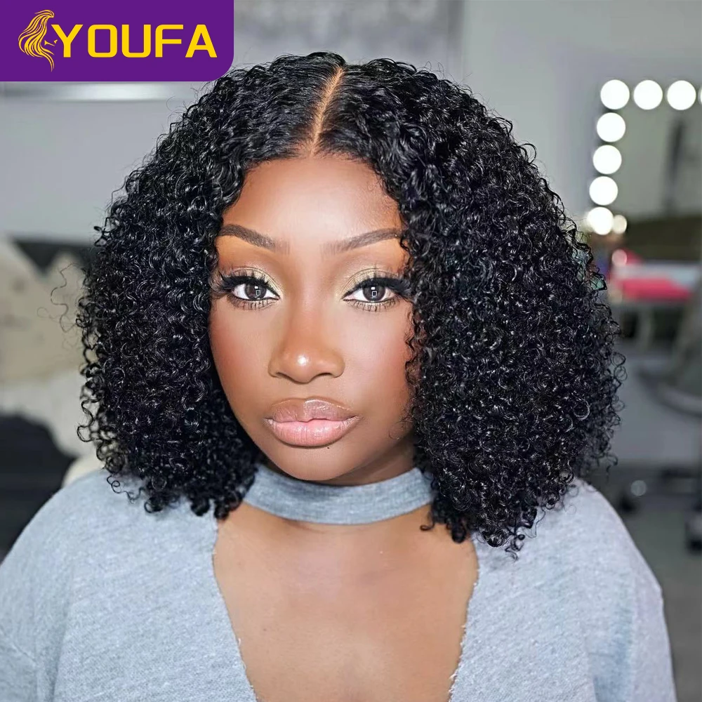 YOUFA 12A 6 Pcs Kinky Curly Human Hair Weave Bundles With 4x4 Transparent Lace Closure For Black Women Natural Color Human Hair