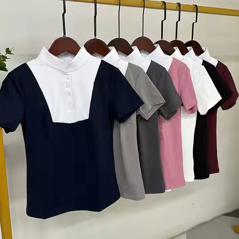 Horse Riding Shirt Burgundy Women Equestrian Tops Short Sleeves T-Shirts Horse Training Base Layer Professional Female Equestrian Show Buttons Tops
