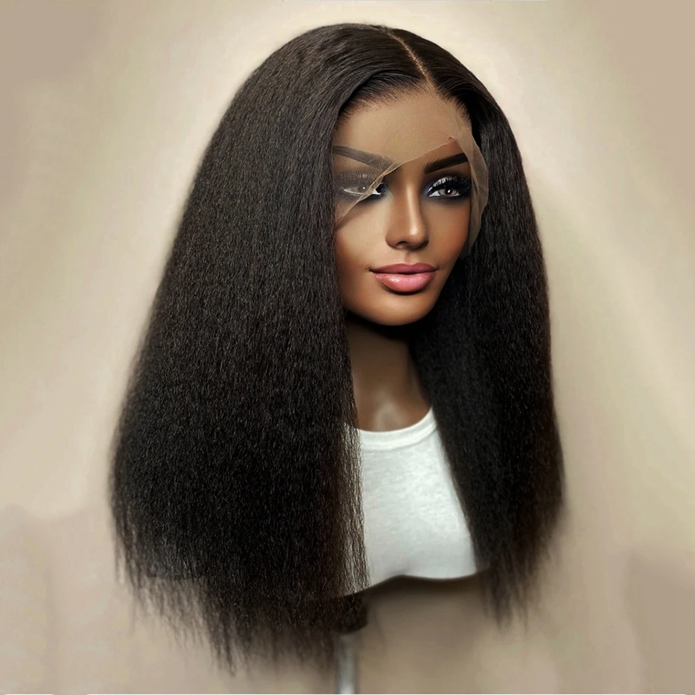 Kinky Straight Wig Yaki Straight Lace Front Synthetic Hair Wigs for Women 200 Density T Part