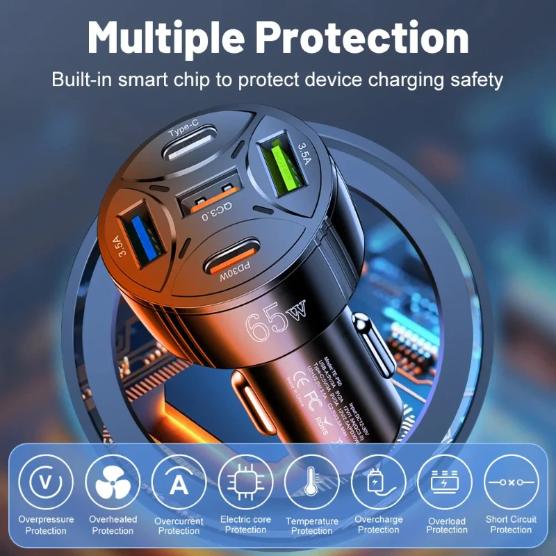 5 Port 65W USB Car Chargers Type C Car Charger Fast Charging PD QC3.0 Phone Charger in Car Cigarette Lighter Flash Charge - 4