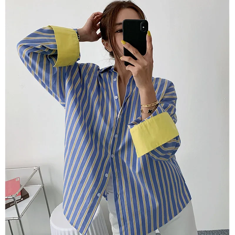 SuperAen Spring and Summer New Color Contrast Striped Shirt Women\'s Korean Loose Long Shirt Fashion Tops