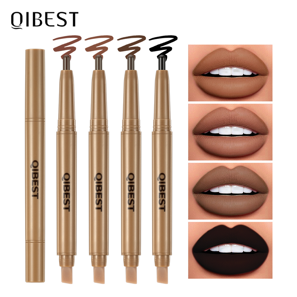 QIBEST Double Head Lip Liner&Brush Pen Mist Matte Velvet Contour Tint Lipstick Pencil Long Lasting Nude Brown Natural Lip Makeup