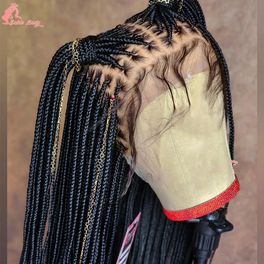 Full Lace Synthetic Afro Cornrow Braided Wigs Knotless Box Braids Wig For Black Women 36 Inches Goddess Handmade Braiding Wig 3