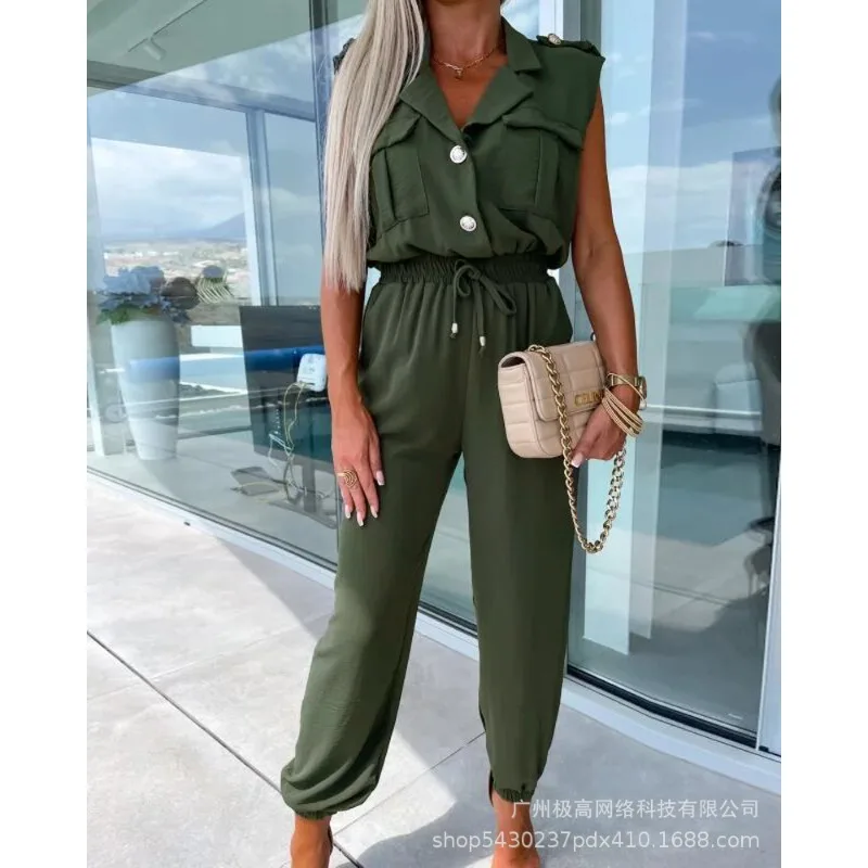 

Mandylandy Leisure Cargo Jumpsuit Women Summer Streetwear Casual Sleeveless Jumpsuits Solid Color High Waist Pockets Jumpsuit