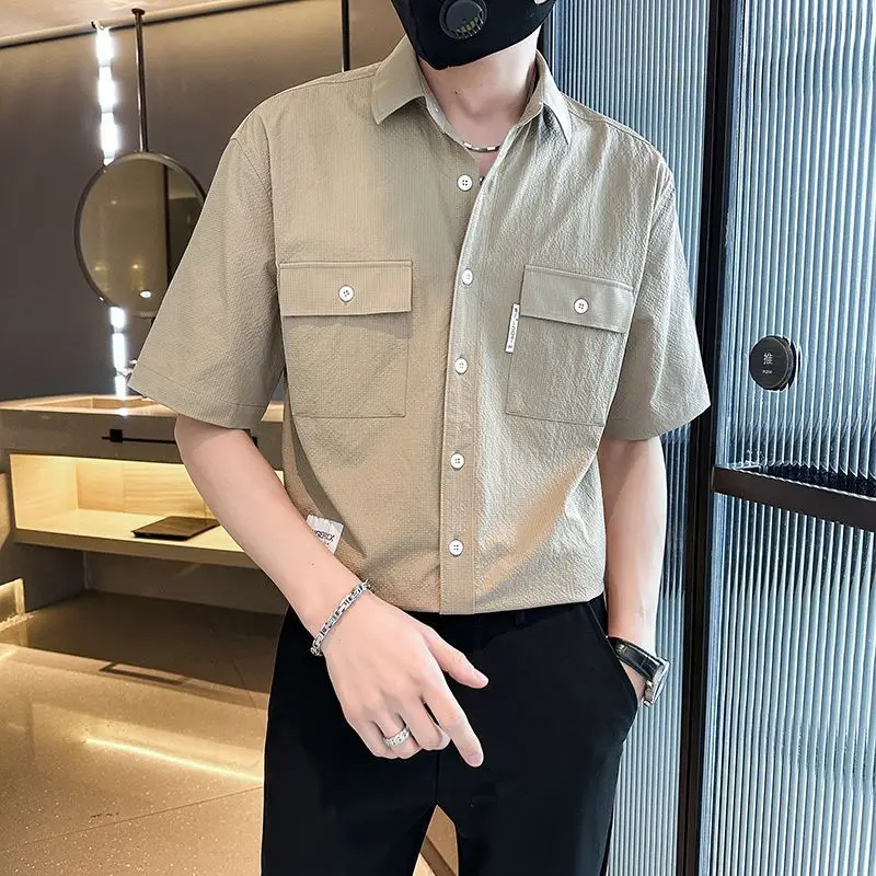 

2024 Summer Men's Korean Fashion High Street Button Down Shirt Youth Casual Solid Short Sleeve Handsome Tops Camisas De Hombre