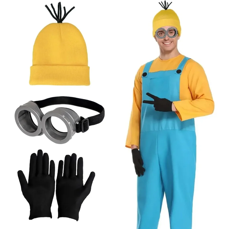 Tenue Fête Thème Déguisement Minions Adulte - Lot 4 Pièces : Bonnet, Gants, Lunettes, Bandoulière Cosplay Film Dessin Animé