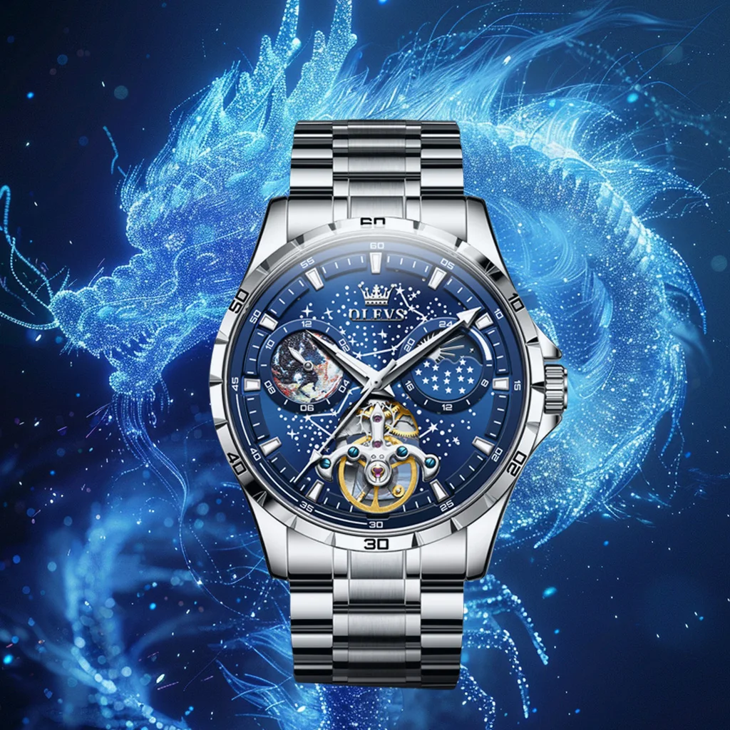 

OLEVS 6689 Automatic Watch For Men Multifunction Original Blue Starry Sky Tourbillon Skeleton Design Moon Phase Stainless Steel