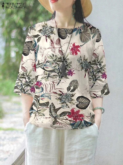 ZANZEA Holiday Cotton Floral Print Blouses Casual Loose 3/4 Sleeve