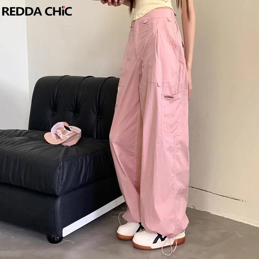 

Женские спортивные штаны ReddaChic Barbiecore с эластичным поясом и парашютным шнурком, базовые однотонные розовые брюки-карго, свободные штаны для отдыха