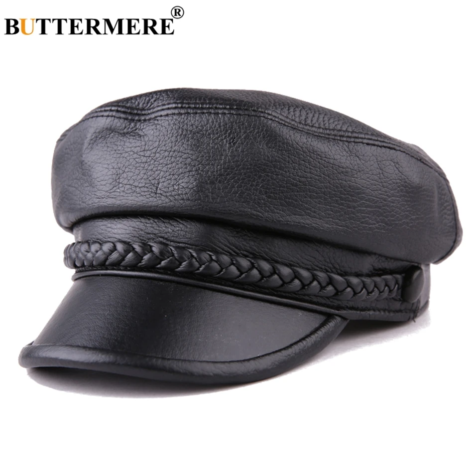 BUTTERMERE Women Newsboy Hats Black Leather Flat Caps Ladies Casual Genuine Sheepskin Leather Winter Classic Painter Caps Sailor