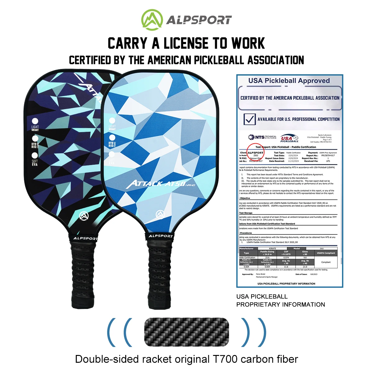 ALPSPORT ICE Double-sided T700 carbon fiber USAPA certified Pickleball Paddle Black one-piece racket Beginner kit With free ball