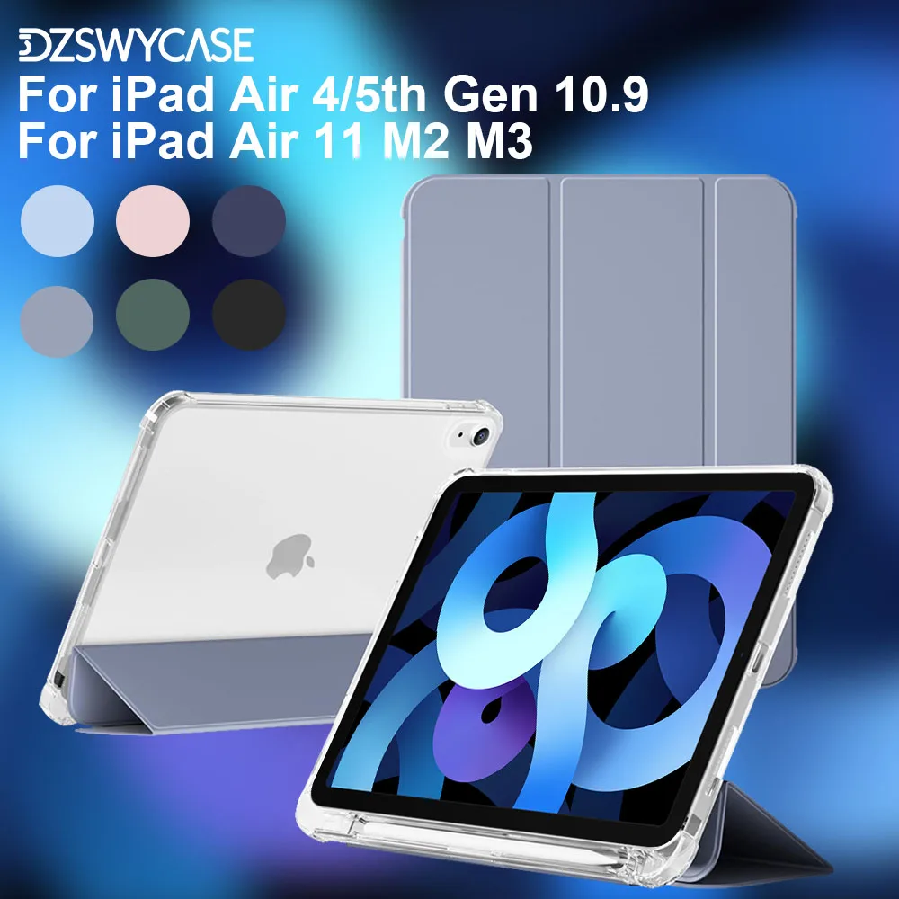 Pour iPad Air 11 pouces M2/M3, iPad Air 5e/4e génération 10,9 pouces, étui avec support pour stylet, support pliable à trois volets, mise en veille/réveil automatique
