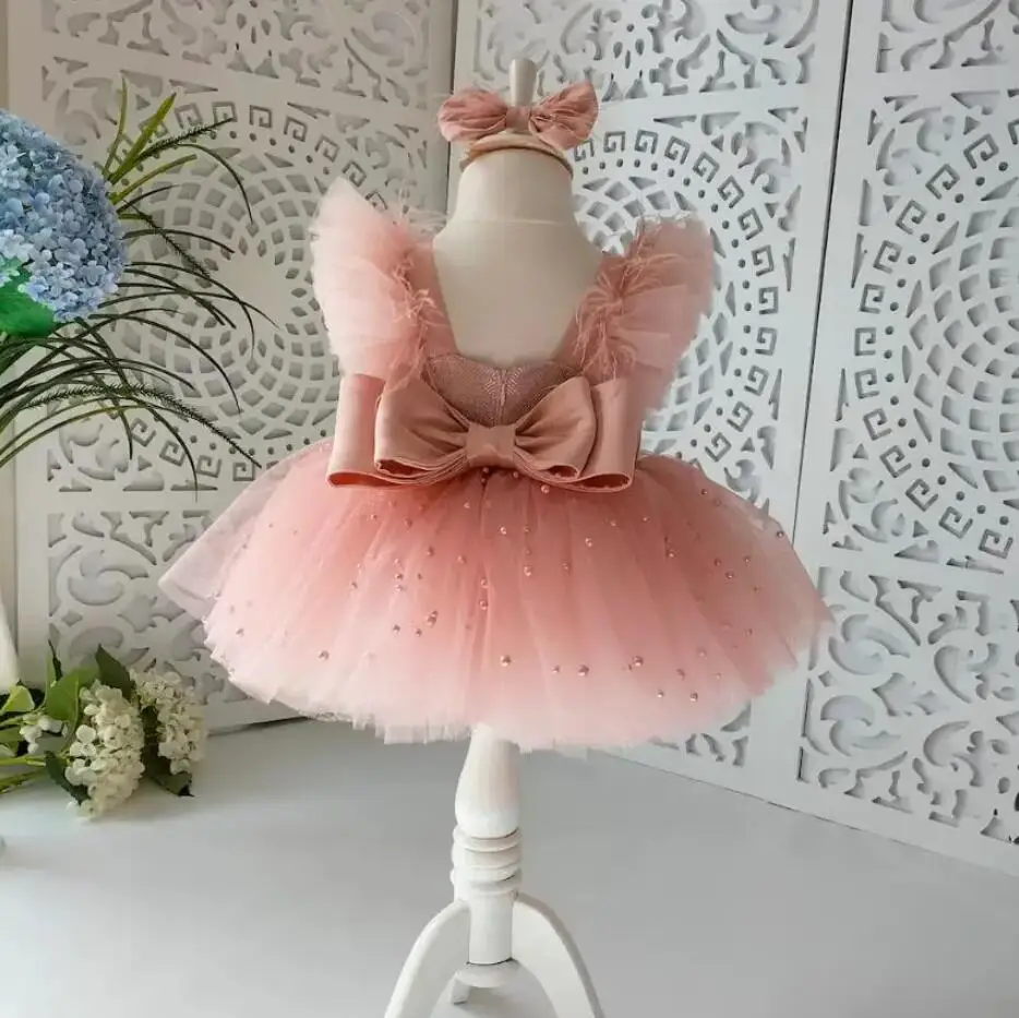 

Lovely Pink Baby Girls Dresses O Neck Big Bow Pearls Baby Girls First Birthday Gown Girl Dress with HeadBow