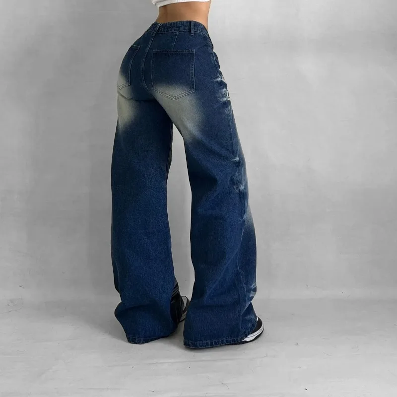 Y2K Fashion New Washed Old Blue Baggy Jeans Women Street Clothes Vintage Popular Casual Gothic Punk High Waist Wide Leg Pants 2