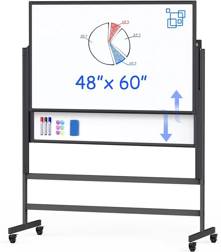 

Dry Erase Whiteboard Height Adjustable, 48x60 inches Large Standing Easel White Board on Wheels, 4‘x5' Mobile Double-Side Magnet