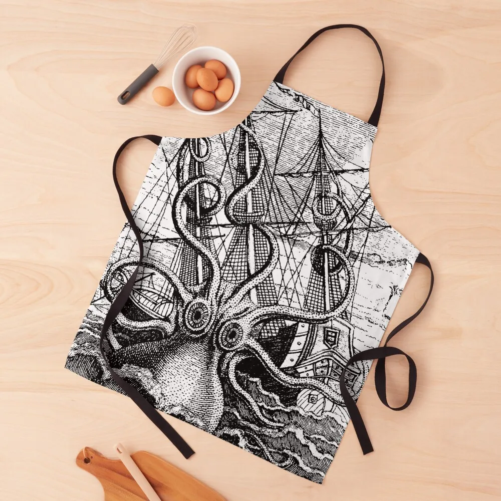 

Vintage Kraken attacking ship illustration with white background Apron For Kitchen Women Custom Apron