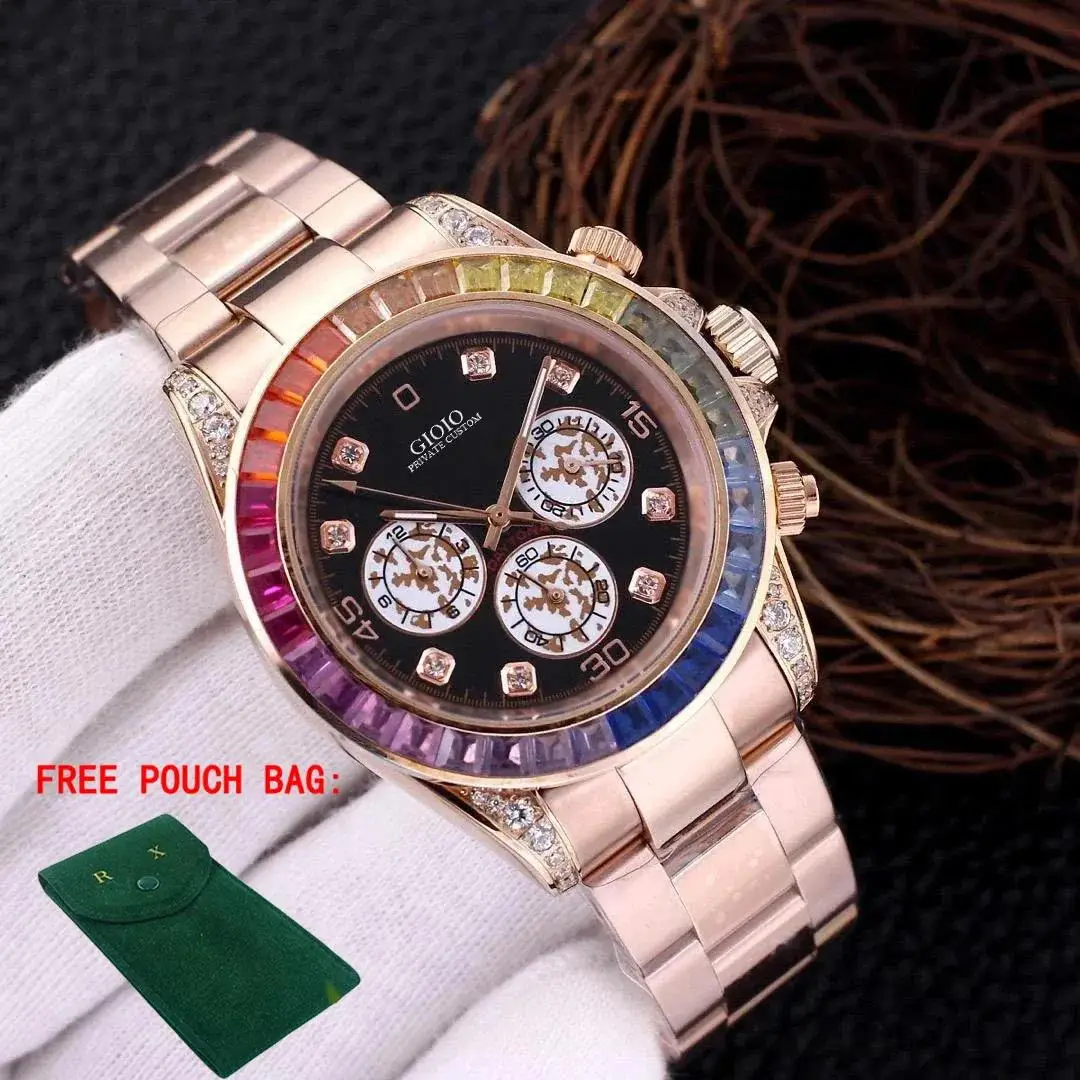 

Luxury New Men Automatic Mechanical Watch Stainless Steel Bracelet Rainbow Square Diamond Rose Gold Black Watches 40mm