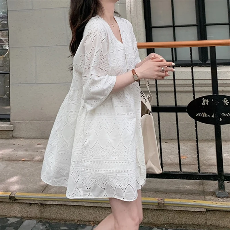 2022 Spring Maternity Clothes Loose Lantern Sleeve Vneck White Cotton Dress For Pregnant Woman