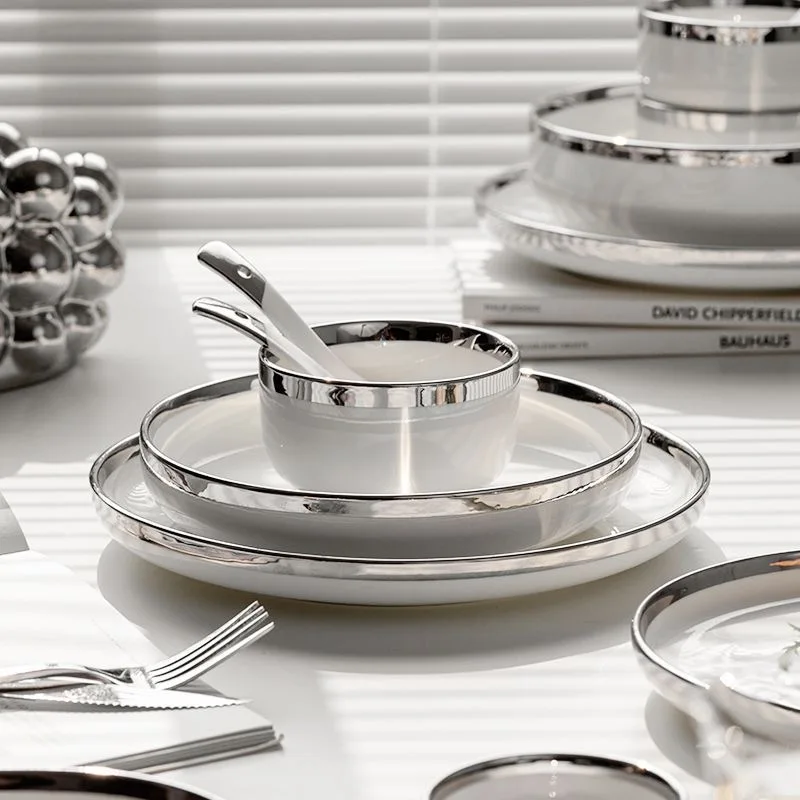 Nordic Style Silver Inlay Bright White Ceramic Dinner Sets Bowls Dish Plates Set Porcelain Dinnerware For Household Hotel