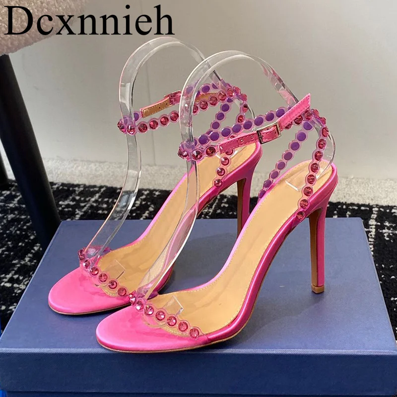 

2024 New Women's Round Toe Open Toe Sandals Transparent PVC Crystal Decorative High Heels Summer Sexy Party Dress Shoes Women's