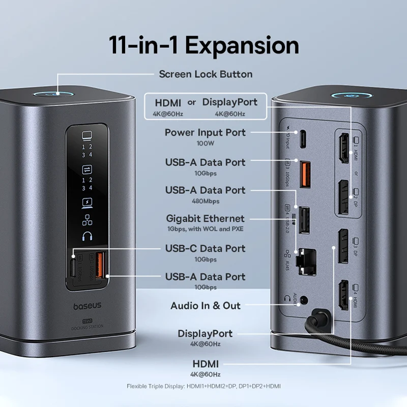Baseus USB C Hub to DP 4K@60Hz HDMI DisplayPort 11-IN-1 Docking Station Triple Display RJ45 PD 100W For Window Mac USB 3.1 HUB 2