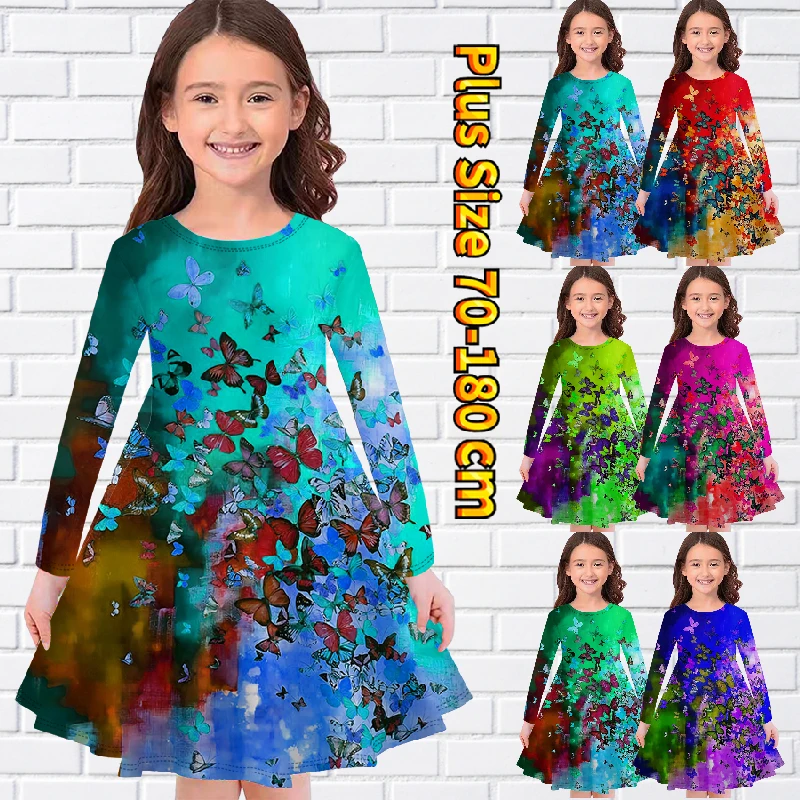 

Little Girl Daily Street Lovely Princess Skirt Spring Round Neck Butterfly Printing Knee-length Skirt Autumn Long Sleeve Skirt