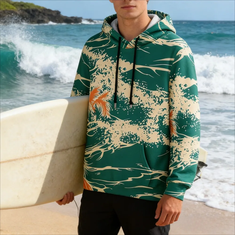 Herren-Kapuzenpullover mit Wellen- und Palmen-Aufdruck, lässig, leicht, atmungsaktiv, trendiger Pullover, bequem, große Taschen-Hoodie-Oberteile für den Außenbereich