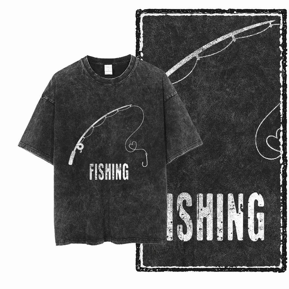 YB FISHING THEME Acid Washed Graphic Unisex Cotton T-Shirt - Cool Streetwear, Big Size