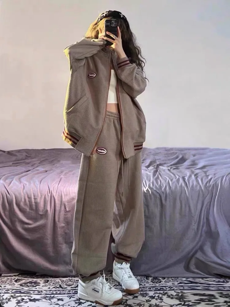 DEEPTOWN Vintage Tracksuit Two Piece Set Women Korean Streetwear Stand Collar Zipper Sweatshirt Sportswear Set Autumn School