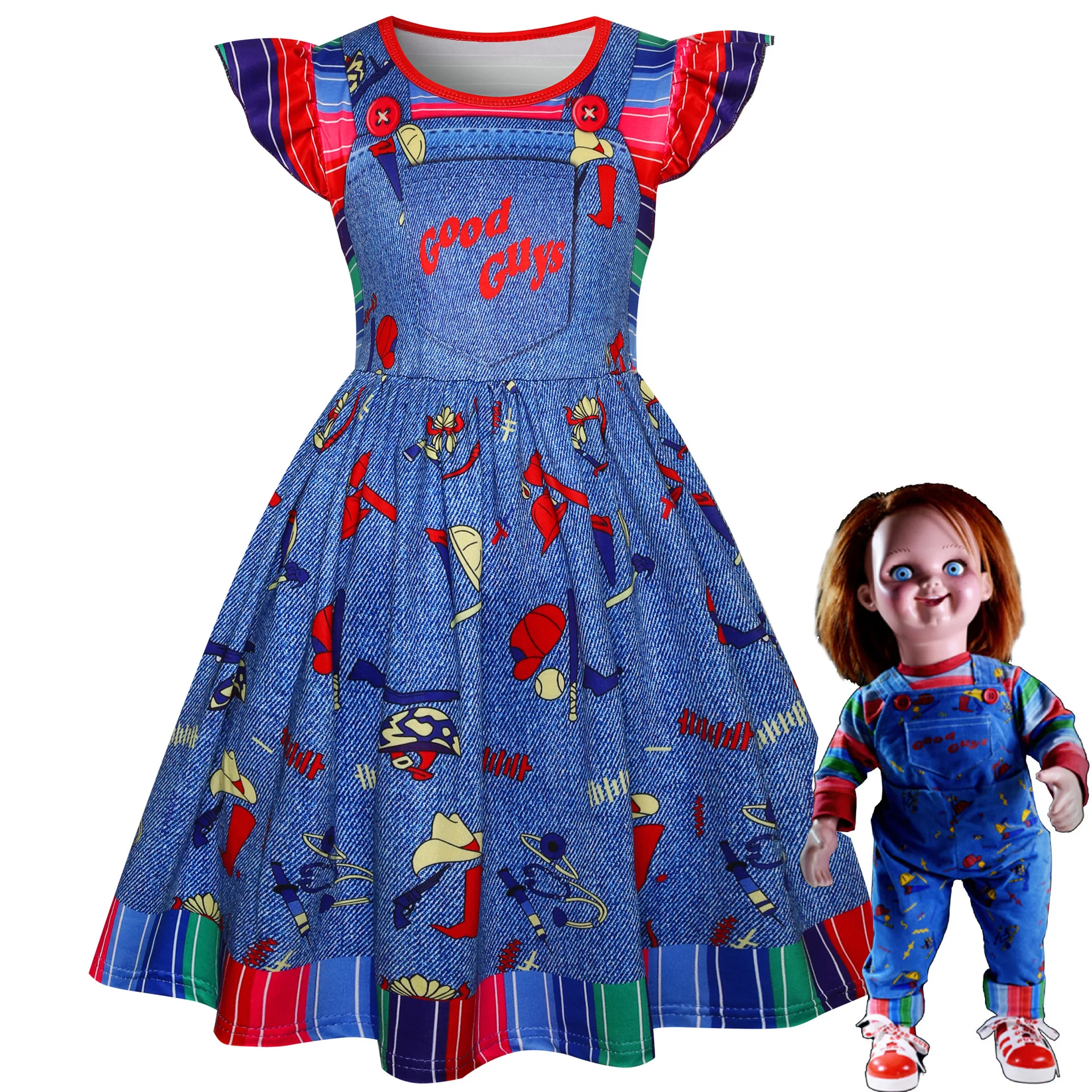 

Movie Childs Play Chucky Cosplay Costume Horror Chuck Top Pant Jumpsuit Rompers Suits Halloween Costumes for Adult Children