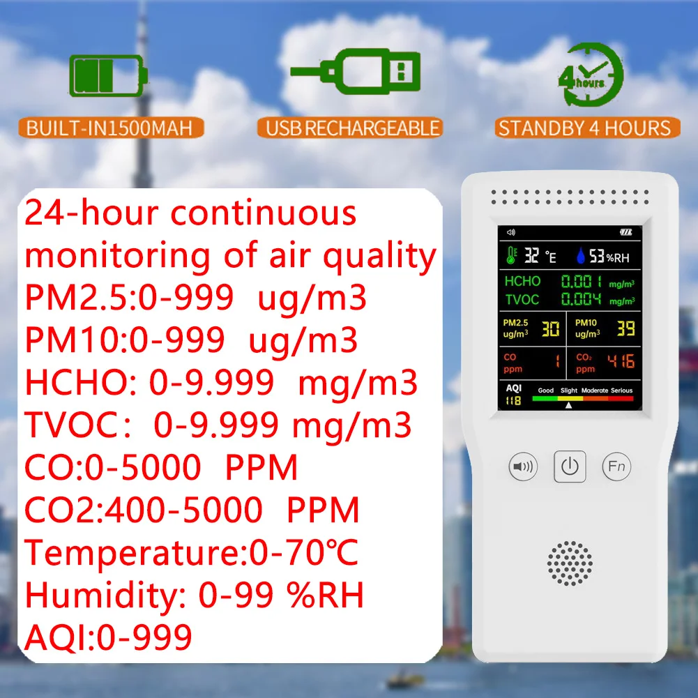 

9 In 1 Air Quality Detector LCD Display PM2.5 PM10 HCHO TVOC CO CO2 AQI Temperature Humidity Multifunctional Air Quality Monitor