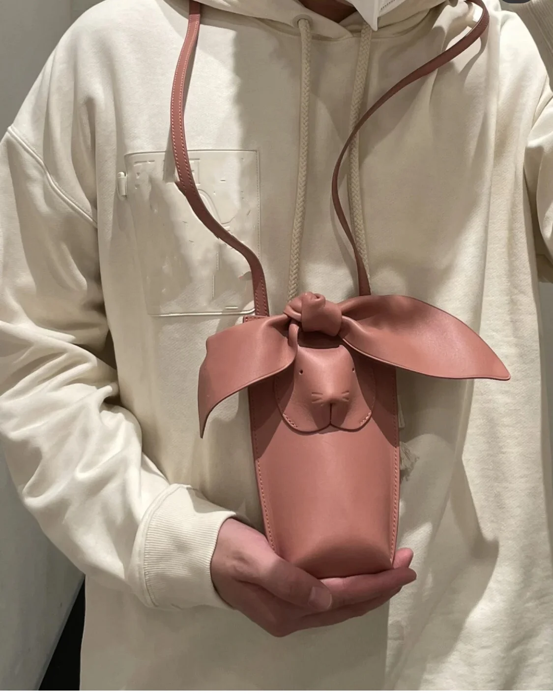 

Easter Bunny Phone Bag Big Ears with Bow Genuine Leather Crafted Rabbit Animal Shaped Purse Cowhide Pouch Luxury Gift- Pink