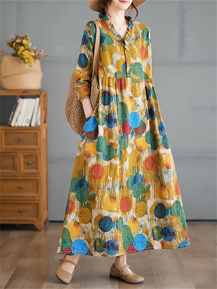 Cotton Vintage Polka Dot V-neck Dress Women Casual Loose Long Sleeve Spring Autumn Dresses Femme Robe Vestidos Elegant Clothing